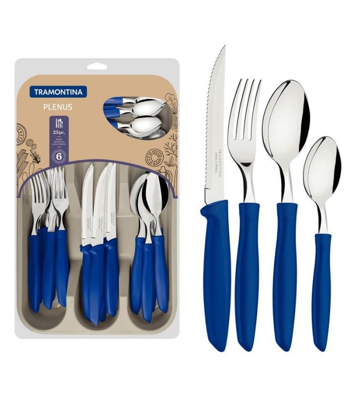 Plenus 25-Piece Cutlery Set with Blue Handles - Complete Set of Stainless Steel Knives, Forks, and Spoons for Everyday Dining and Entertaining - Designed for High Performance and