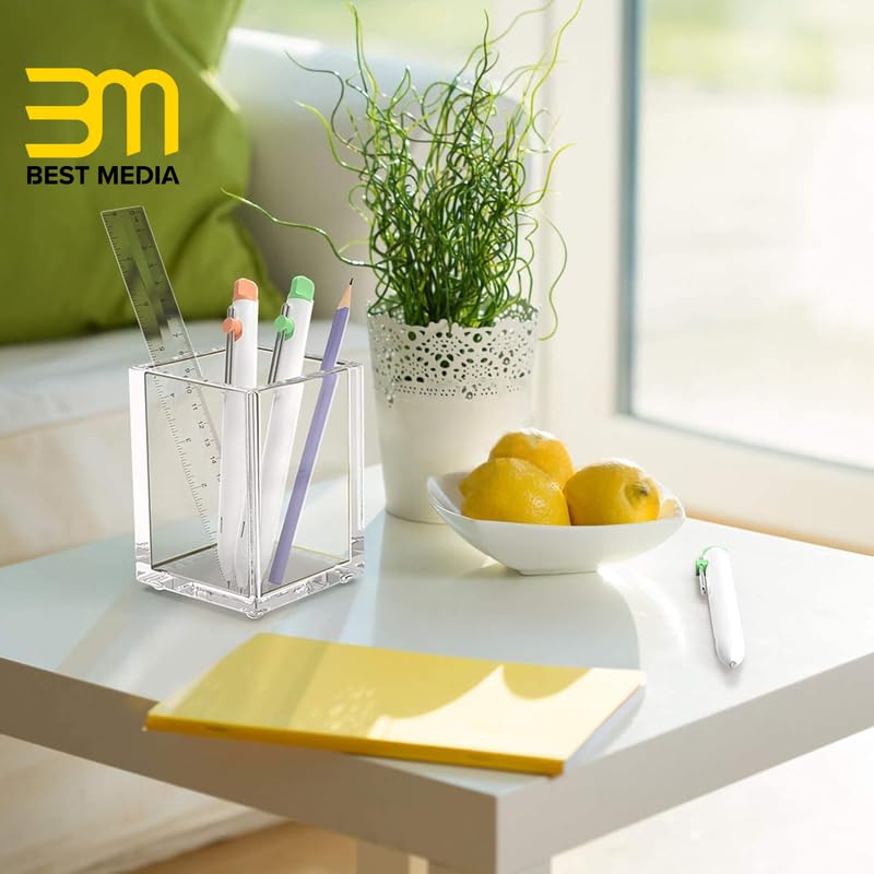 Modern Clear Acrylic Pen and Pencil Holder, Elegant Square Desk Cup for Office and Home, Versatile Makeup Brush Holder and Stationary Organizer, Single Pack Desktop Accessory