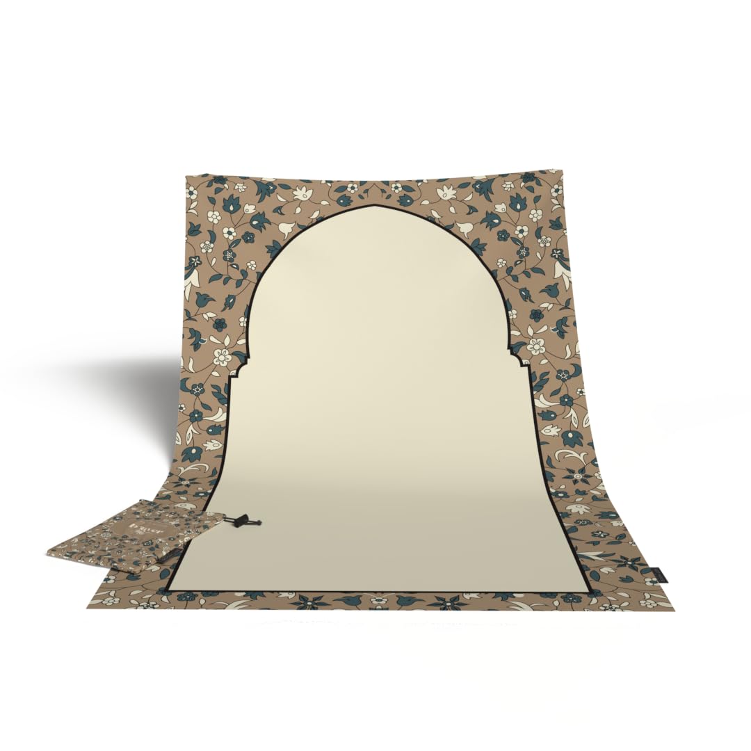 Portable Prayer Mat in Beige, a waterproof, lightweight, and foldable travel-friendly rug, compact pocket-sized design ideal for outdoor and indoor use, durable and comfortable material