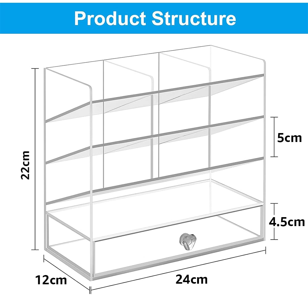 Clear Acrylic Pen Organizer for Desk, 12-Compartment Desktop Storage Caddy with Integrated Drawer, Multi-functional Holder for Pens, Markers, and Art Supplies for Home and Office
