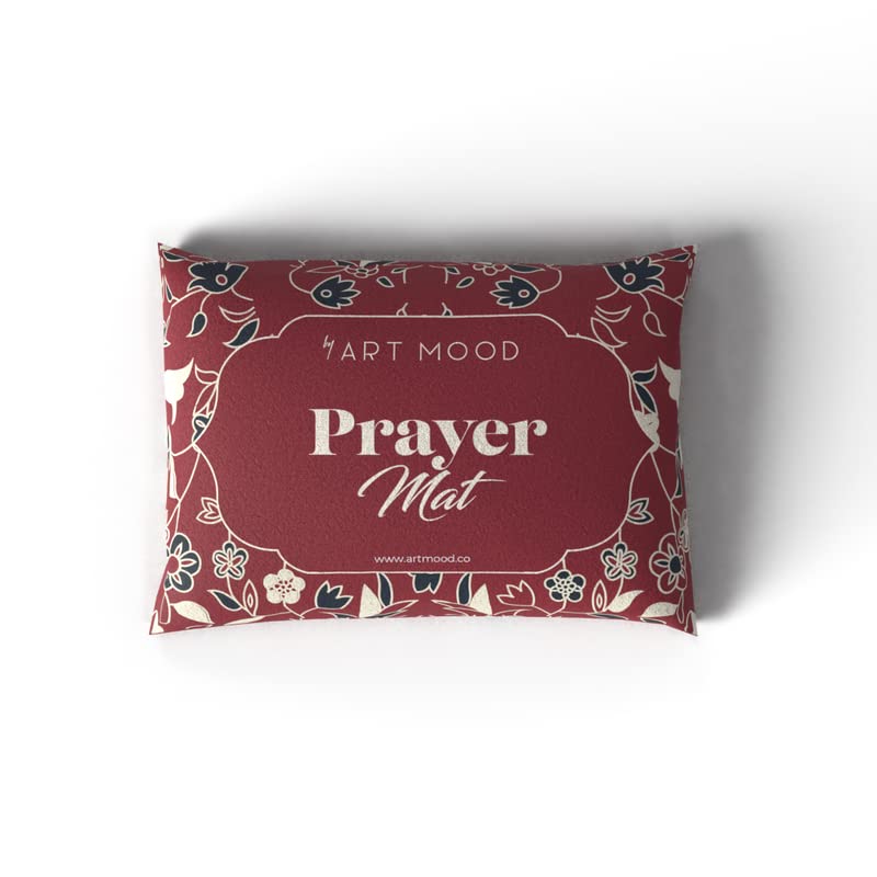 Velvet Prayer Mat in Beige and Red, 68x117 cm, a luxurious Islamic rug with elegant details and a mosque garden design, crafted from soft velvet for comfortable prayers