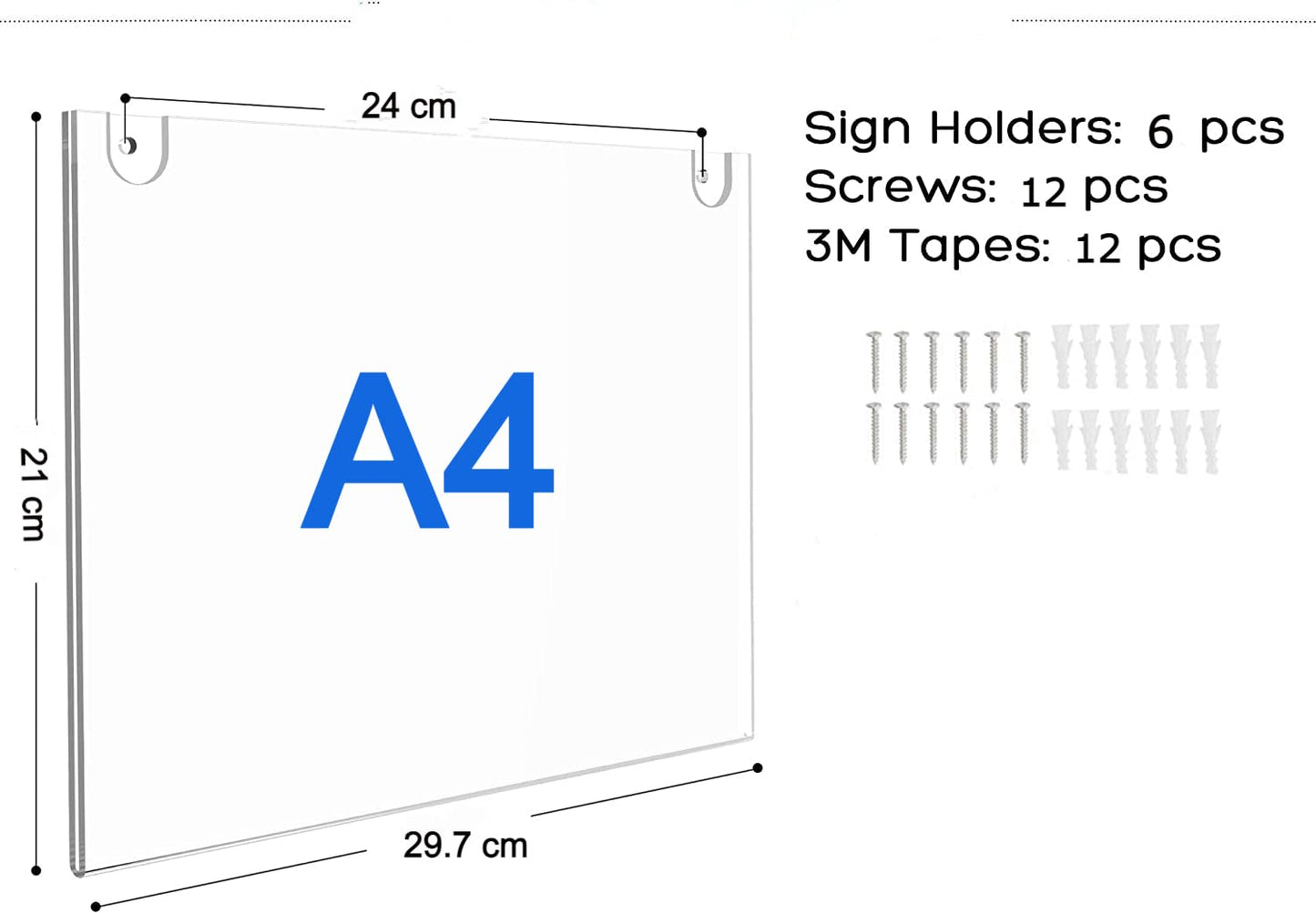 Clear Acrylic Sign Holder (6 Pack), A4 Wall Mount Picture Frames with Screws for Office, Display Documents, Certificates, or Posters, Durable & Elegant Design