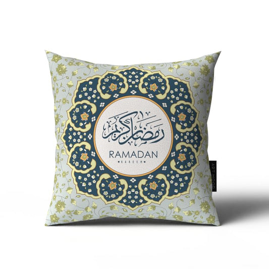Rak Velvet Cushion Cover, a vibrant multicolor 40x40 cm decorative throw pillow with an intricate Islamic pattern, a beautiful and artistic addition to your festive Ramadan home decor