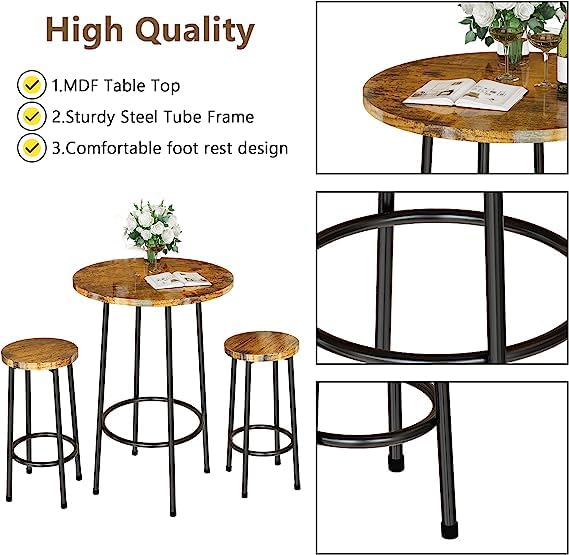 3 Piece Pub Table Set, Modern Round Bar Table with 2 Stools Set, Bistro Counter Height Table Dining Set of 2 for Small Space, Dining, Kitchen, Restaurant, Breakfast Nook - Rustic Brown