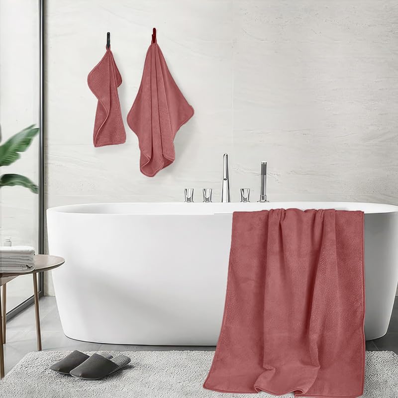 4-Piece Towel Set, 100% Cotton ? Includes 1 Bath Towel 140 cm x 70 cm, 1 Hand Towel 100 cm x 50 cm, 2 Washcloths 30 cm x 30 cm, Quick Dry, Super Soft, Highly Absorbent, No Fade, Coral
