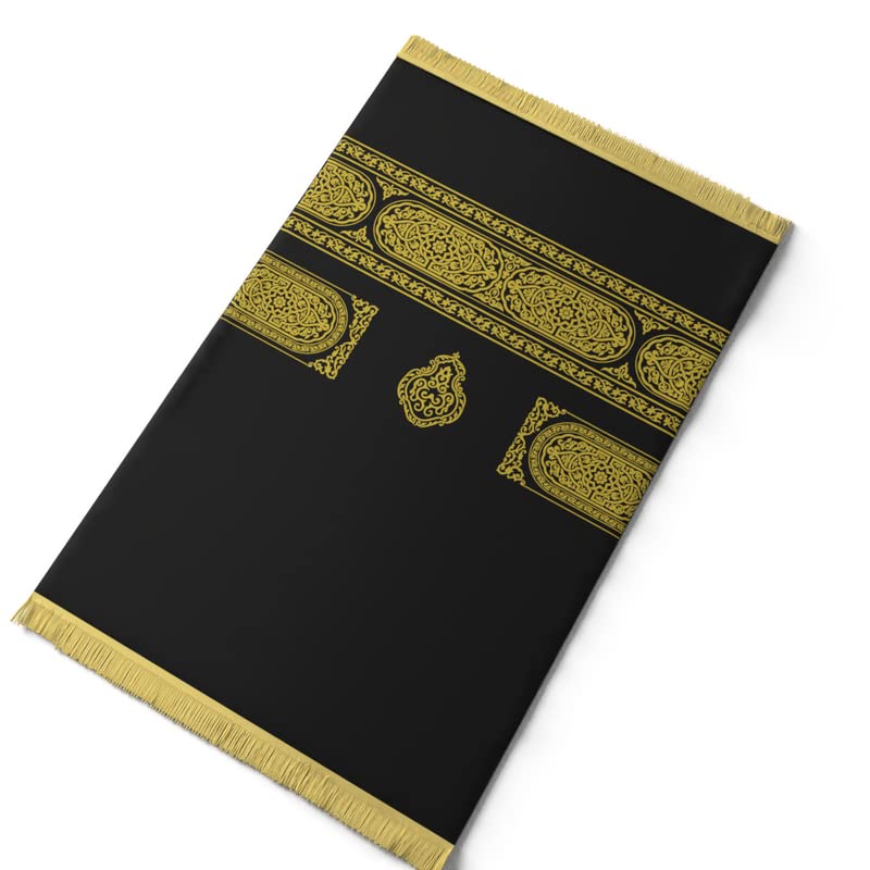 Velvet Prayer Mat in Gold and Black, 68x117 cm, a soft Islamic rug with a unique Mecca-inspired design, providing a comfortable and special surface for your daily prayers