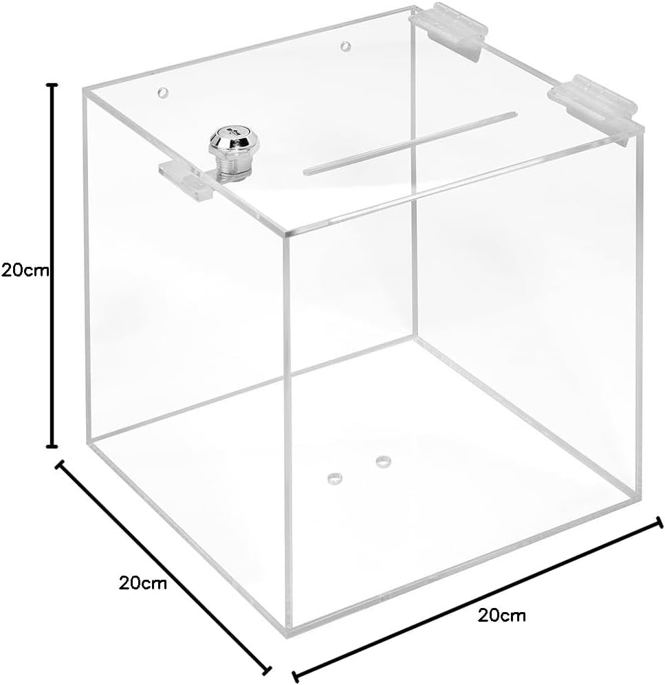 Clear Acrylic Lockable Box with Slot and Keys, 20 x 20 x 20 cm Transparent Plexiglass Donation Ballot or Competition Entry Box for Events Office or Promotions