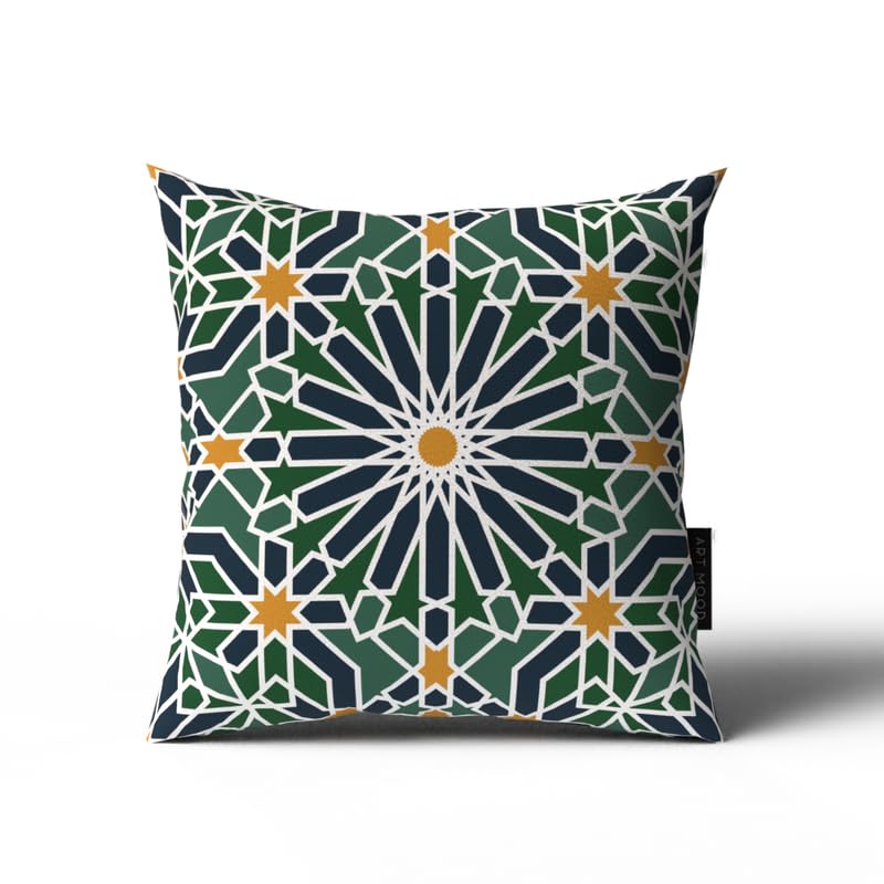 Adden Velvet Cushion Cover in Green & Blue, a rich 40x40 cm decorative throw pillow with a garden-inspired Islamic pattern, bringing a sense of paradise to your Ramadan home decor