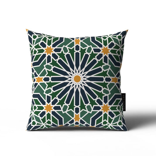 Adden Velvet Cushion Cover in Green & Blue, a rich 40x40 cm decorative throw pillow with a garden-inspired Islamic pattern, bringing a sense of paradise to your Ramadan home decor
