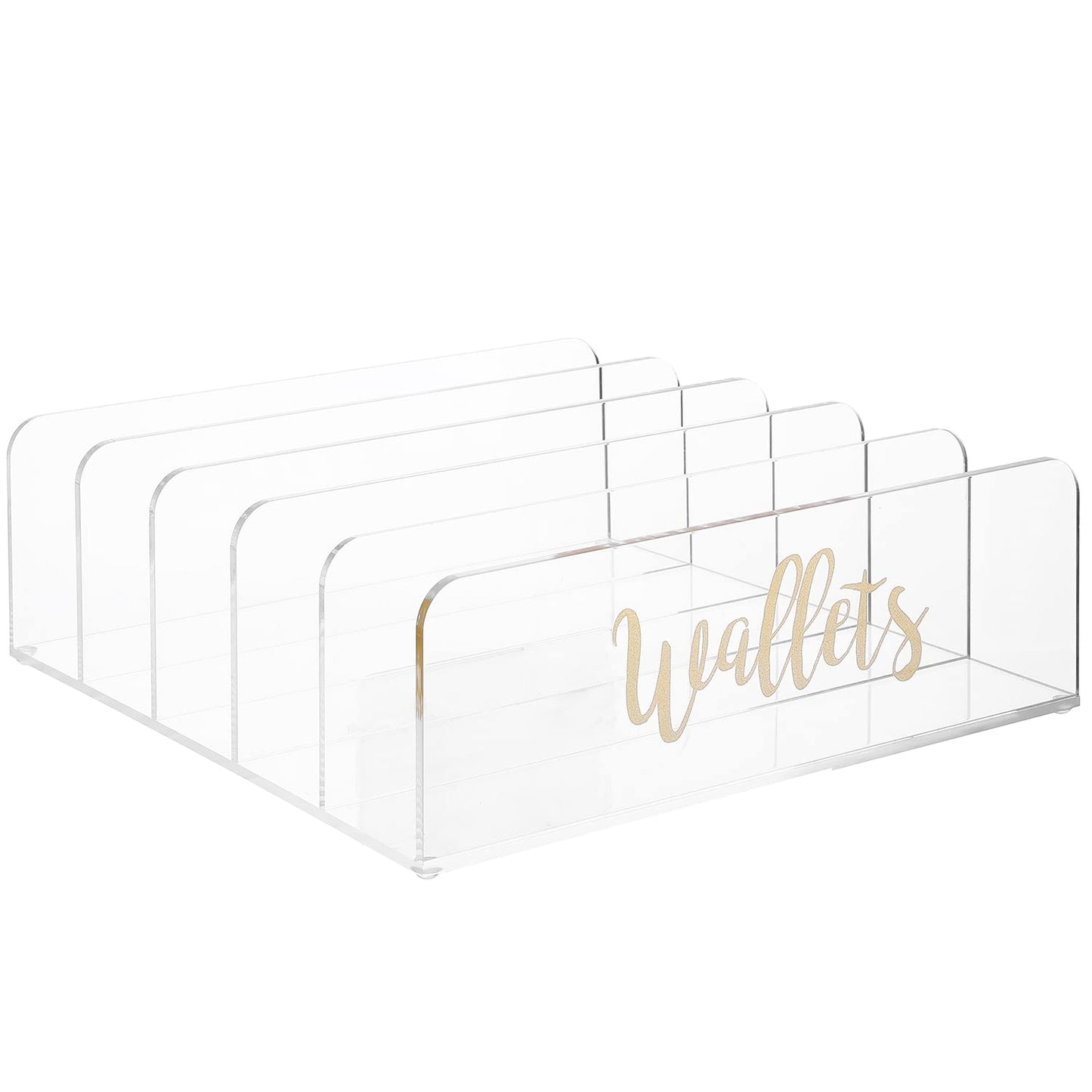 5-Section Acrylic Wallet Holder with Brass "Wallets" Label, Premium Clear Clutch and Purse Organizer for Closet Storage, Modern Desktop and Retail Display Rack