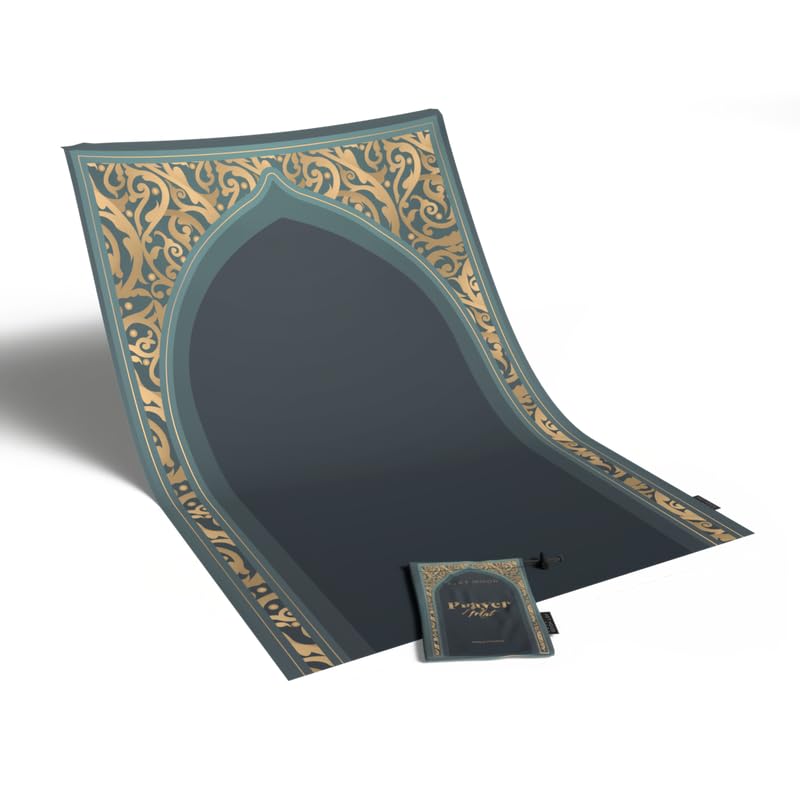 Waterproof Prayer Mat in Teal and Gold, 68x117 cm, a durable and beautiful rug with a rich design, perfect for travel and outdoor use, offering a clean and reliable prayer space