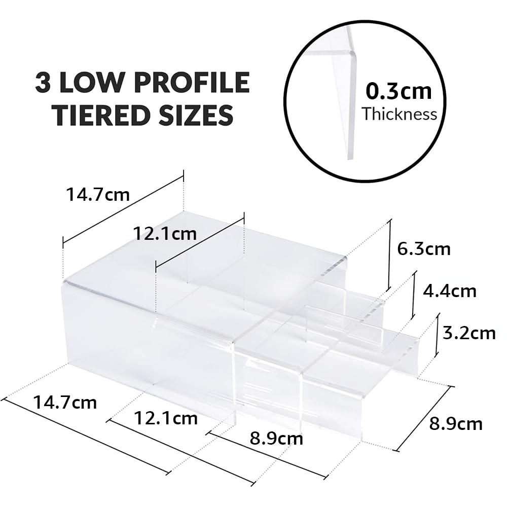 3-Piece Acrylic Display Risers, Medium Clear Tiered Stand Set for Showcasing Cupcakes, Desserts, Jewelry, Figurines, Photos or Candy in Home or Retail Settings, Durable Low Profile, Clear