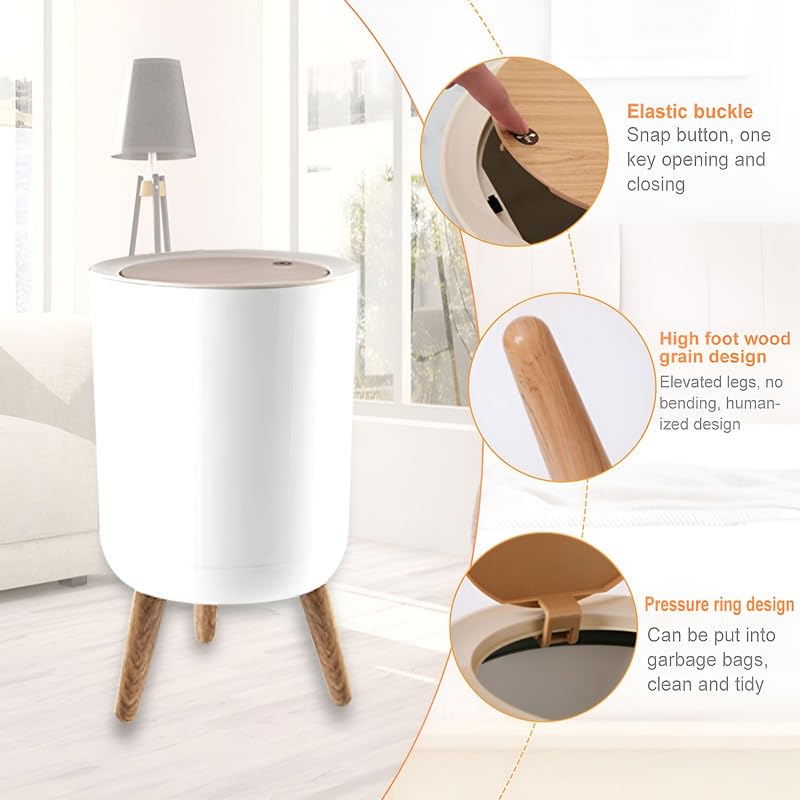 Trash Can with Press Top Lid - Nordic Modern Garbage Bin for Kitchen, Bathroom, Bedroom, Office, Outdoor - Dog Proof Waste Basket, 1.8 Gallon/7L Plastic Trash Bin