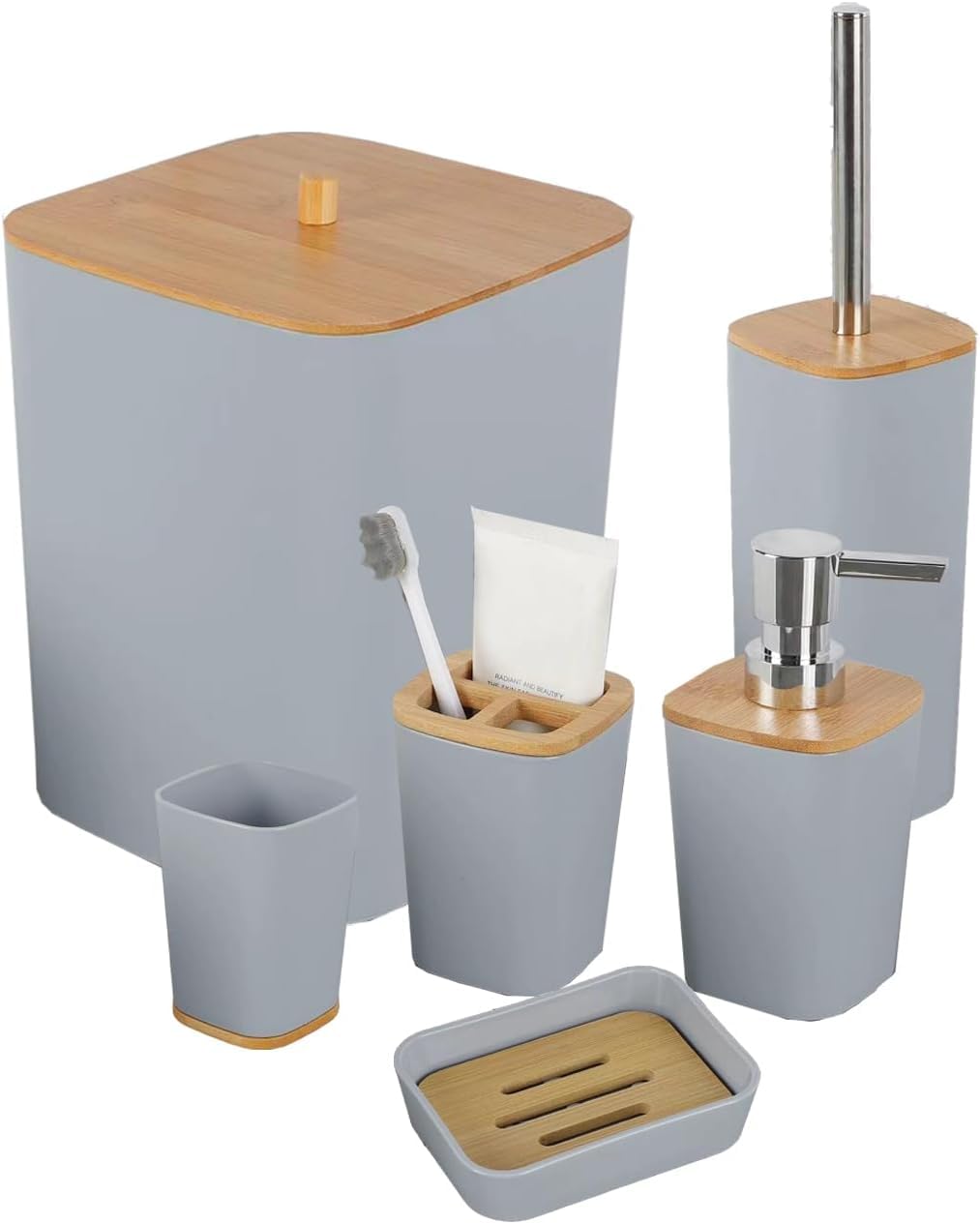 6-Piece Bamboo Bathroom Accessories Set – Bathroom Set with Trash Can, Toothbrush Holder, Soap Dish, Soap Dispenser & Cup – Stylish & Durable for Home Décor