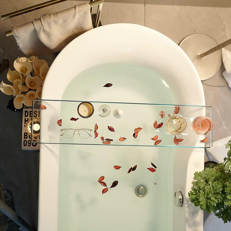 Bathtub Tray Caddy, Luxury Acrylic Bath Tub Shelf and Organizer, Clear Rack with Tablet Holder, Ideal for Holding Books, Candles, Toiletries and Spa Essentials, Clear