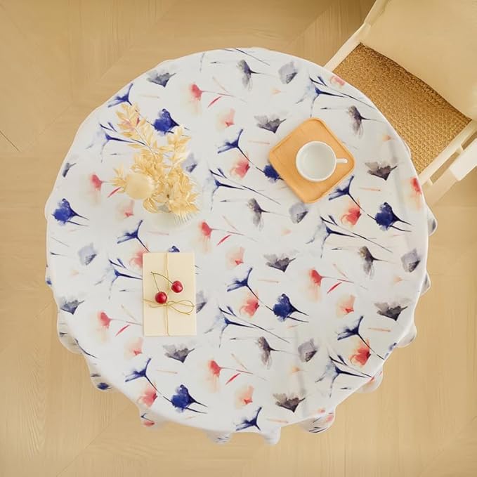 Tablecloth, Sou Floral Pattern, Square Design, Premium Linen Velvet Fabric, Ultra-Soft and Wrinkle-Resistant, 130×130 cm, 1 Piece, Off-White x Navy Blue x Blush, for Dining or Living Room