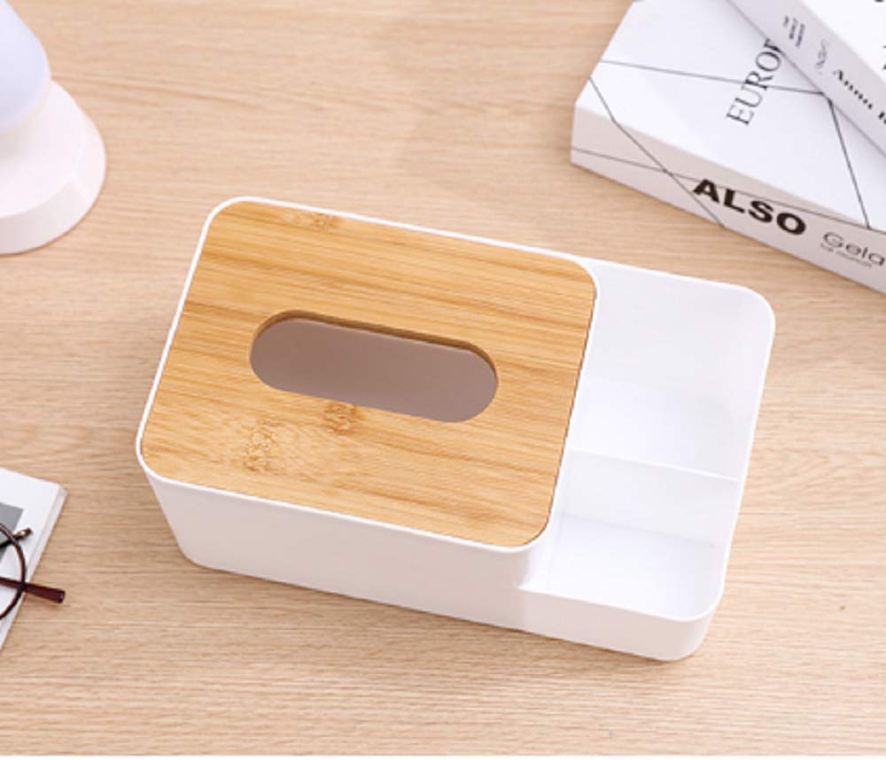 حامل مناديل متعدد الوظائف - علبة مناديل مستطيلة بغطاء خشبي، منظم سطح مكتب للهواتف والأجهزة اللوحية وجهاز التحكم عن بعد والأقلام ومستحضرات التجميل، مثالي للمنزل والمكتب - أبيض