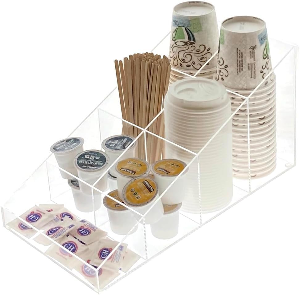 Acrylic Coffee Station Organizer, Clear Breakroom and Kitchen Storage for Cups Lids Sugar Tea Stirrers, 7 Compartments, 37.3 x 20.5 x 19.8 cm, Polished Edges Transparent Design