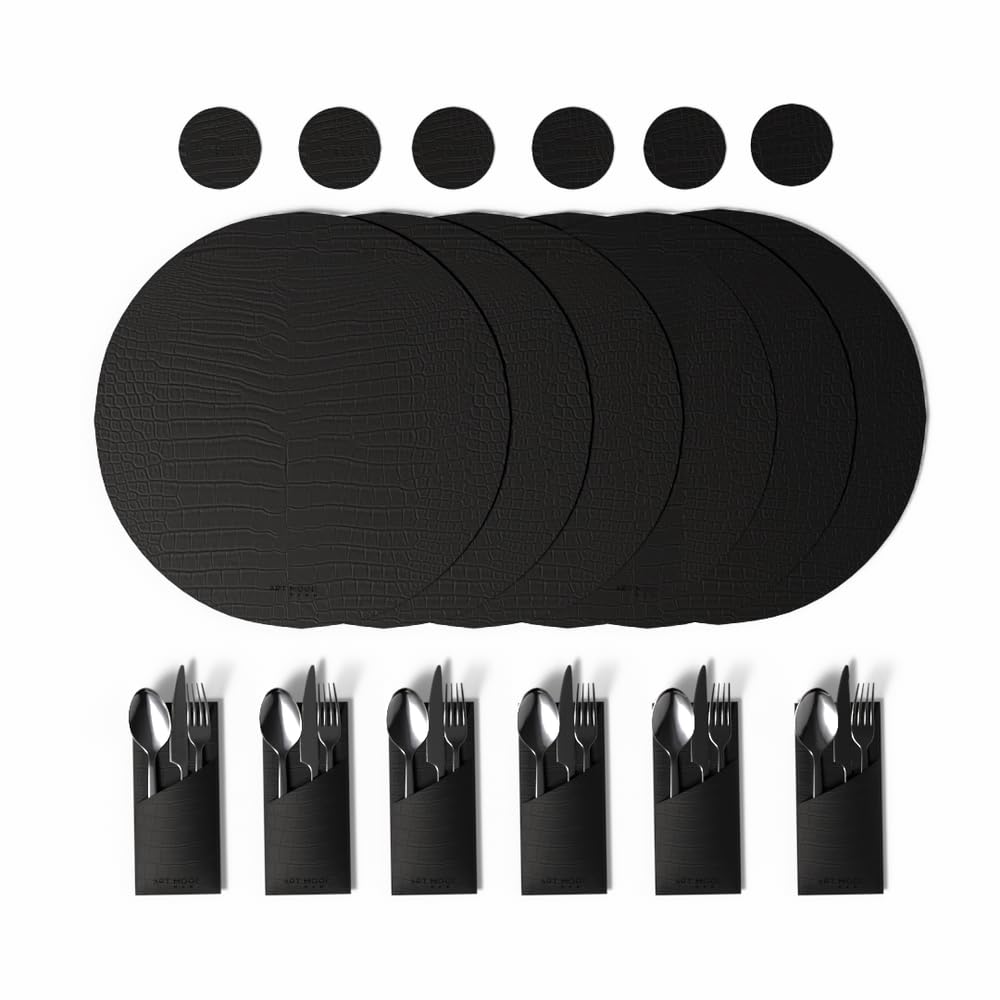Leather Placemat Set with Coasters And Holders - Faux Leather Dining Table Protection - Heat And Scratch Resistant