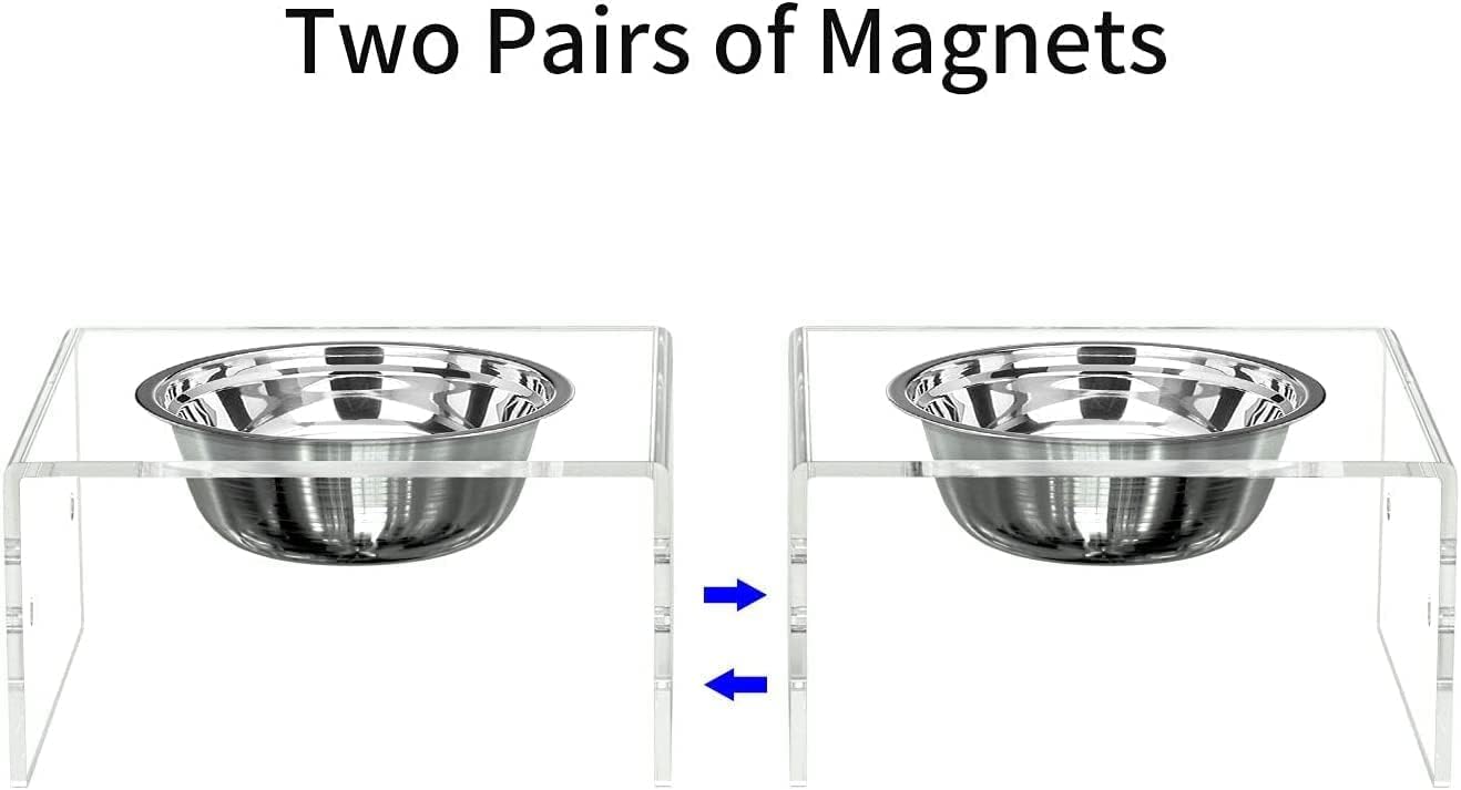 Acrylic Raised Dog Bowl Stand, Magnetic Feeder with Stainless Steel Bowls, 23.5 x 12.7 x 16 cm, Clear Pet Food and Water Stand, For Small and Medium Dogs