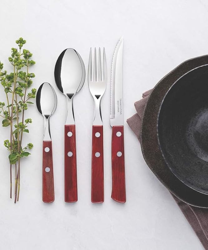 24-Piece Red Technobois Cutlery Set - Stainless Steel Blades with Technobois Handles - Elegant Dining and Kitchen Essentials for Home and Professional Use