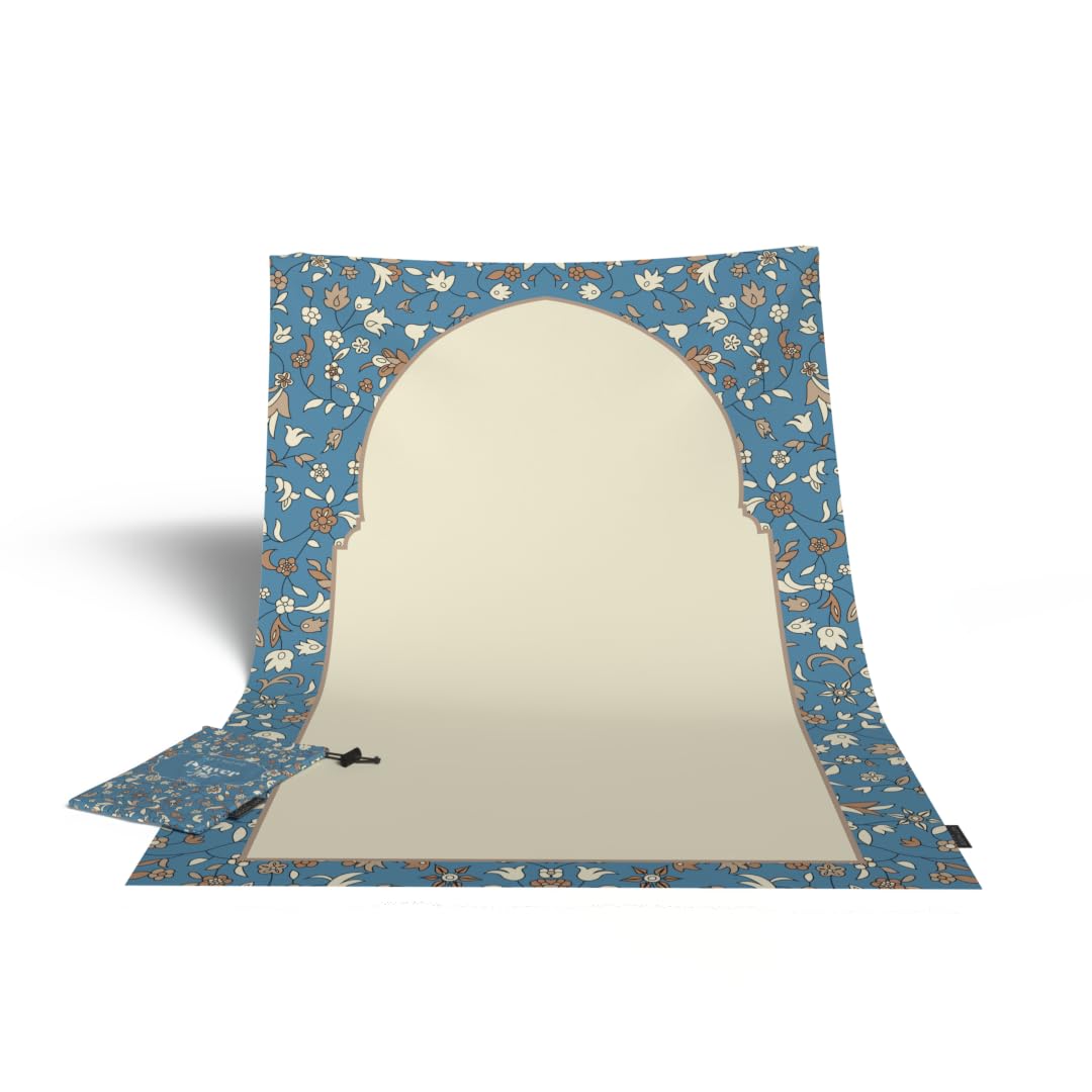 Al-Rawda Portable Prayer Mat, a Waterproof and Lightweight Travel Rug that folds to a Compact Pocket Size, Blue, an Easy to Carry Janamaz for Daily Prayers at Work, Outdoors, or Travel