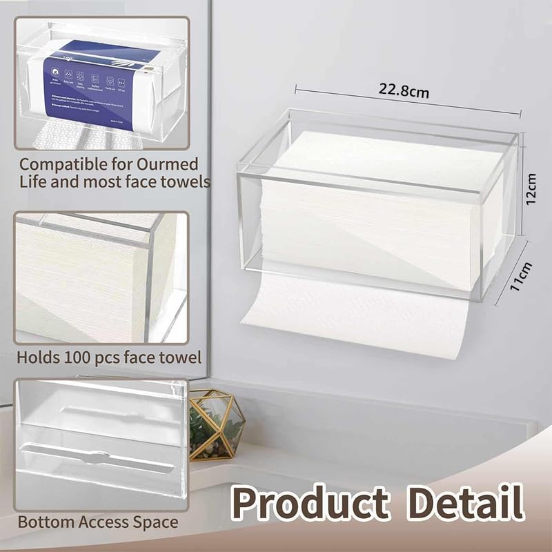 Clear Acrylic Disposable Face Towel Holder, Wall Mount or Tabletop Dispenser for Ourmed Life Towels, Modern, Hygienic Bathroom Storage for Cotton Pads and Tissues.