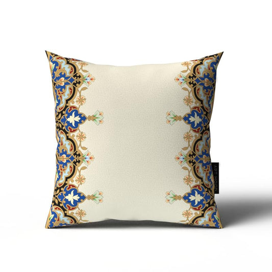 Taj Velvet Cushion Cover, a regal multicolor 40x40 cm decorative throw pillow with an intricate, palace-inspired Islamic design, perfect for a luxurious and festive home ambiance
