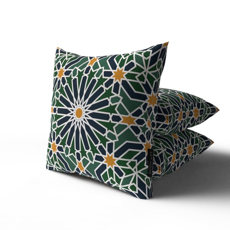 Adden Velvet Cushion Cover in Green & Blue, a rich 40x40 cm decorative throw pillow with a garden-inspired Islamic pattern, bringing a sense of paradise to your Ramadan home decor