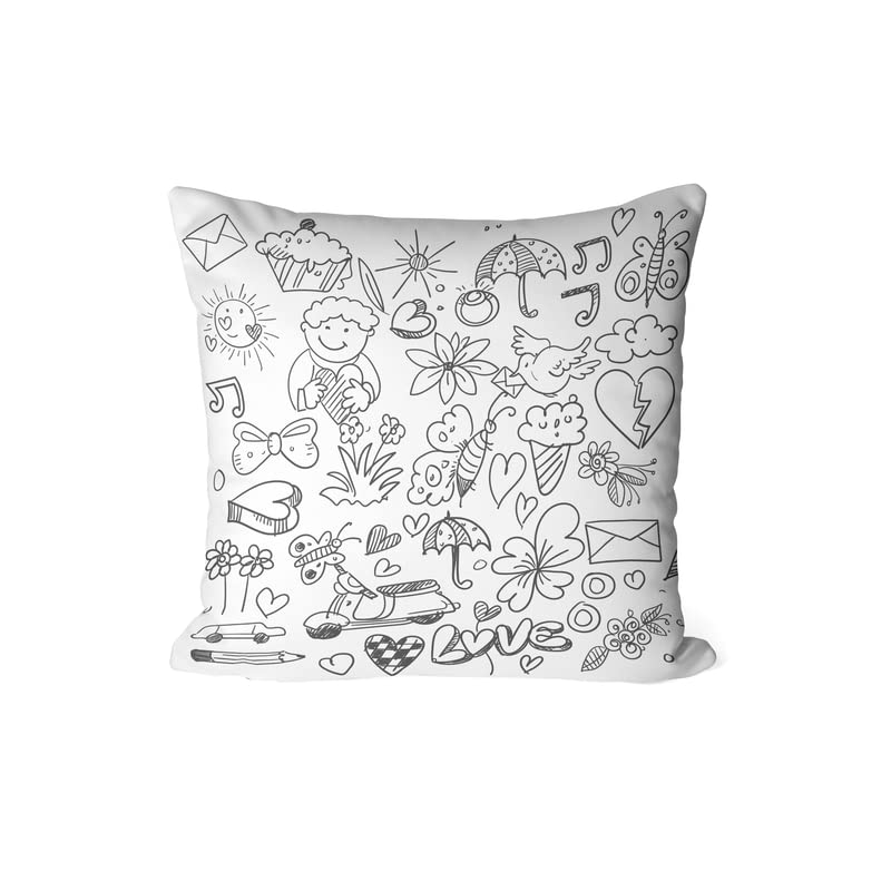 Canvas Doddle Junior Cushion Cover in Black & White, a durable decorative pillow for kids with a fun doodle design, 40x40 cm, perfect for a child's bedroom or creative playroom space