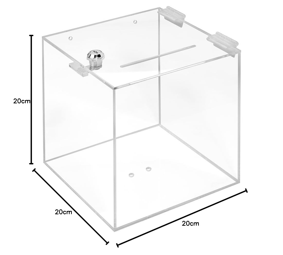 Acrylic Glass Box with Lock, Transparent Plexiglass Donation, Promotion, Competition Box, Lockable, Secure Fundraising and Feedback Collection