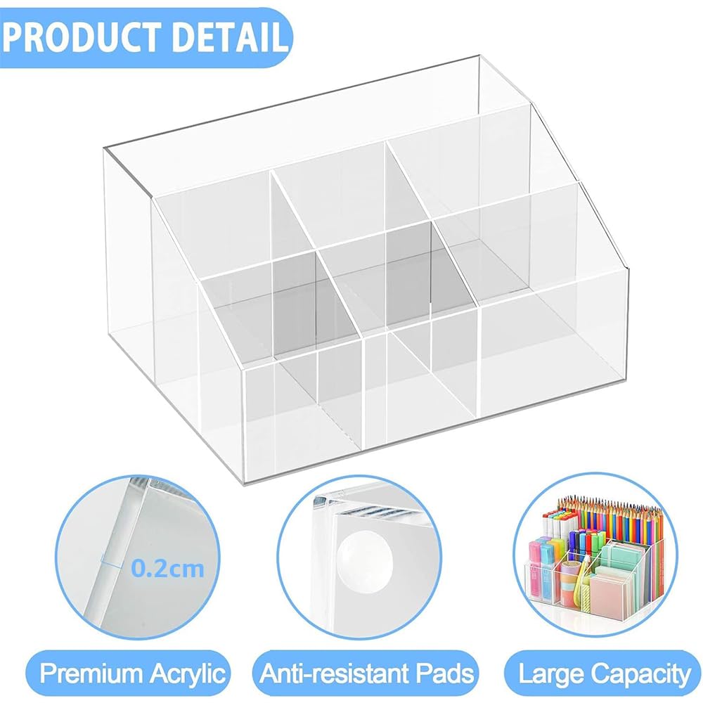 7-Compartment Clear Acrylic Pen Holder and Desk Organizer, Desktop Stationery Caddy for Pencils, Markers, and Scissors for Office, School, Home, and Art Supply Storage