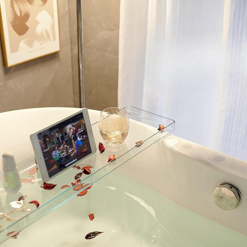 Bathtub Tray Caddy, Luxury Acrylic Bath Tub Shelf and Organizer, Clear Rack with Tablet Holder, Ideal for Holding Books, Candles, Toiletries and Spa Essentials, Clear