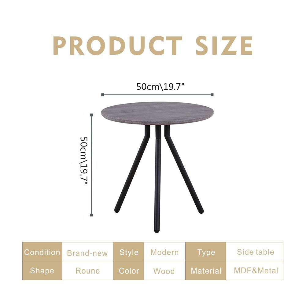 Retro Wood Side End Table for Sofa Small Round Modern Coffee Table 50cm with Black Metal Legs for Living Room, Grey