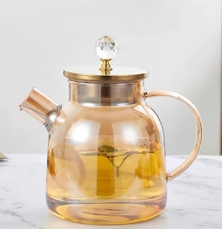 Glass Teapot with Lid – 1000ML Borosilicate Glass Water Kettle, Stovetop & Microwave Safe, Elegant Crystal Knob Design, Perfect for Tea, Coffee, and Hot Beverages