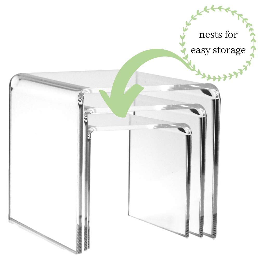 Acrylic Display Risers Set, 3-Piece Clear Acrylic Pedestal Stands, Assorted Sizes for Jewelry Display, Tabletop Fixtures, Retail Counter Showcases, Collectibles and Product Presentation