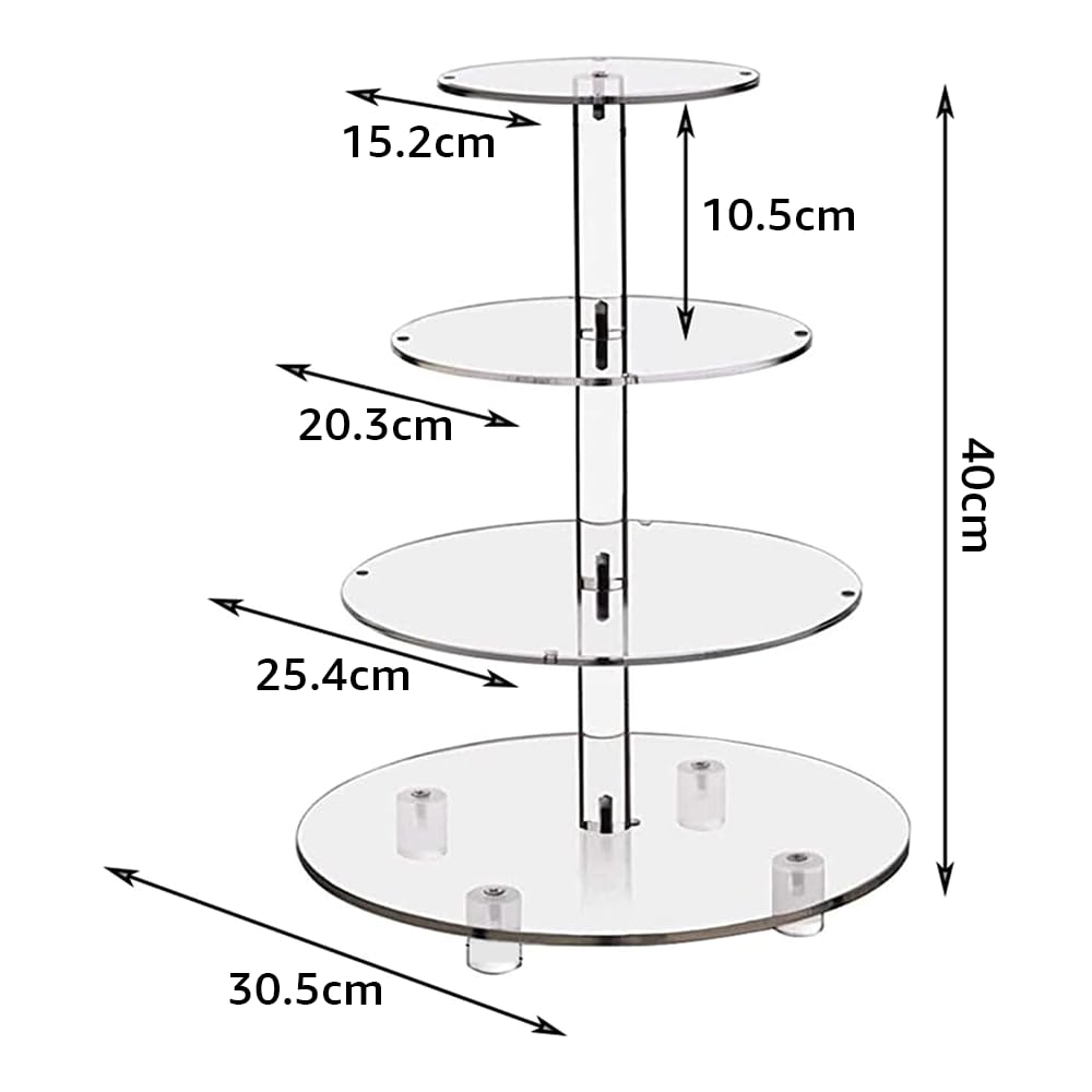 Acrylic Cupcake Stand, 4 Tier Round Display Tower with LED Light String, for Weddings, Birthday Parties, Dessert Tables, Pastry and Cake Display, 30 cm Height, Clear with Yellow Light