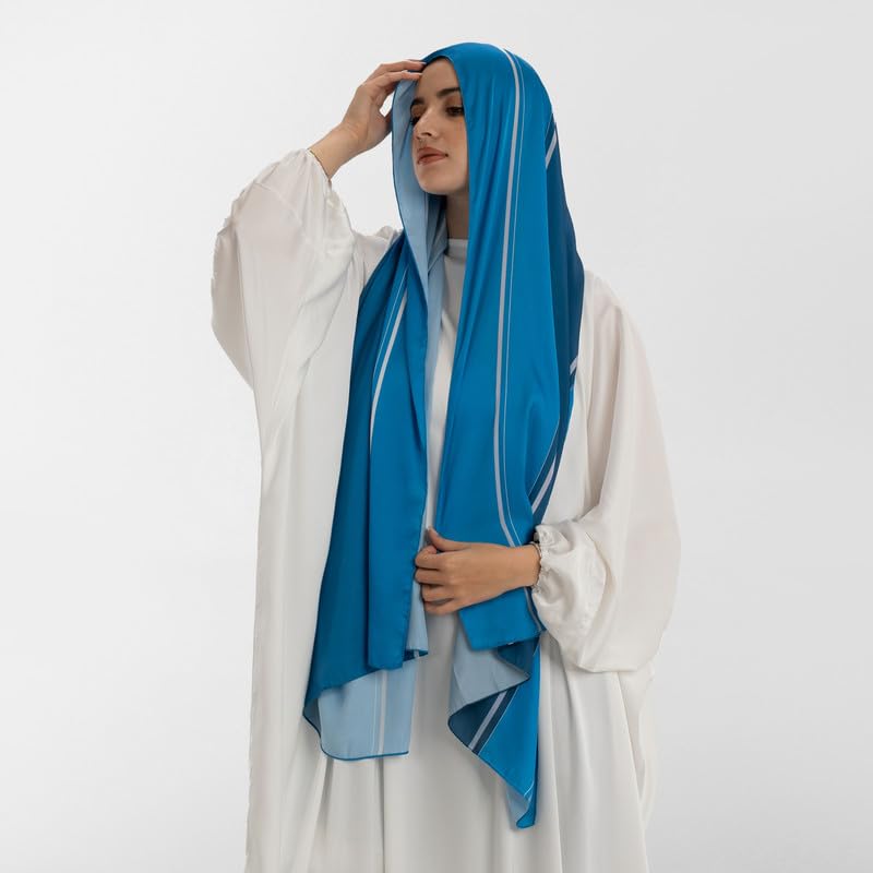 Isdal Al-Taqwa Women's Prayer Dress, a One-Piece Garment in Blue & White from Soft Satin for Full Modest Coverage, One Size, a Comfortable and Convenient Prayer Abaya Khimar for Salah