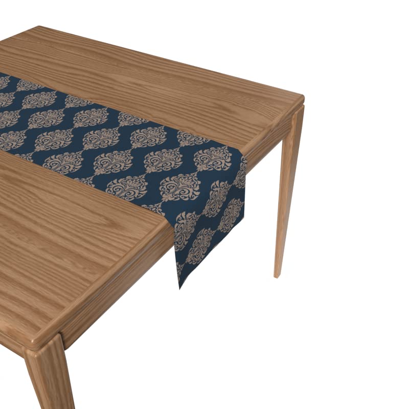 Canvas Blue Damask Runner in Blue & Beige, a Durable Decorative Centerpiece with a Timeless Pattern, 35x140 cm, perfect for a Classic or Traditional Dining Room Decor