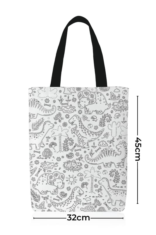 Canvas Dinosaur Junior Tote Bag, a DIY Craft Kit for Kids in Black & White, 32x45 cm, includes a Reusable Bag and Coloring Set, a Fun and Creative Activity for Aspiring Artists