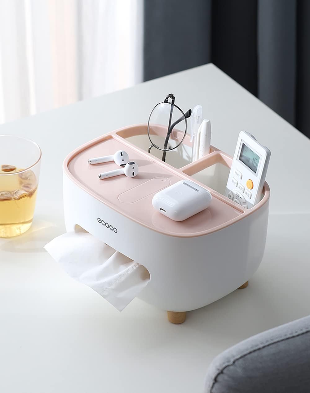 Tissue Box Cover Holder with Storage, Napkin Tissue Box, Multi-Function Tissue Box ABS Material Storage Organizer Caddy for Bathroom, Bedroom and Office, Pink