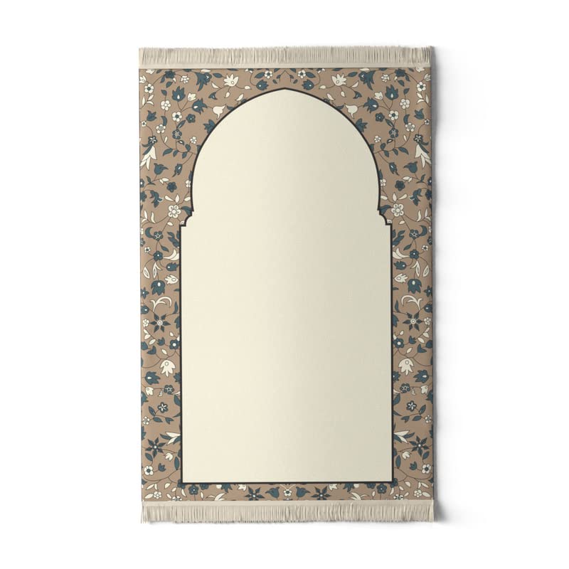 Velvet Prayer Mat in Beige and Green, 68x117 cm, a luxurious rug with an elegant mosque garden design, crafted from soft velvet for a comfortable and serene prayer session