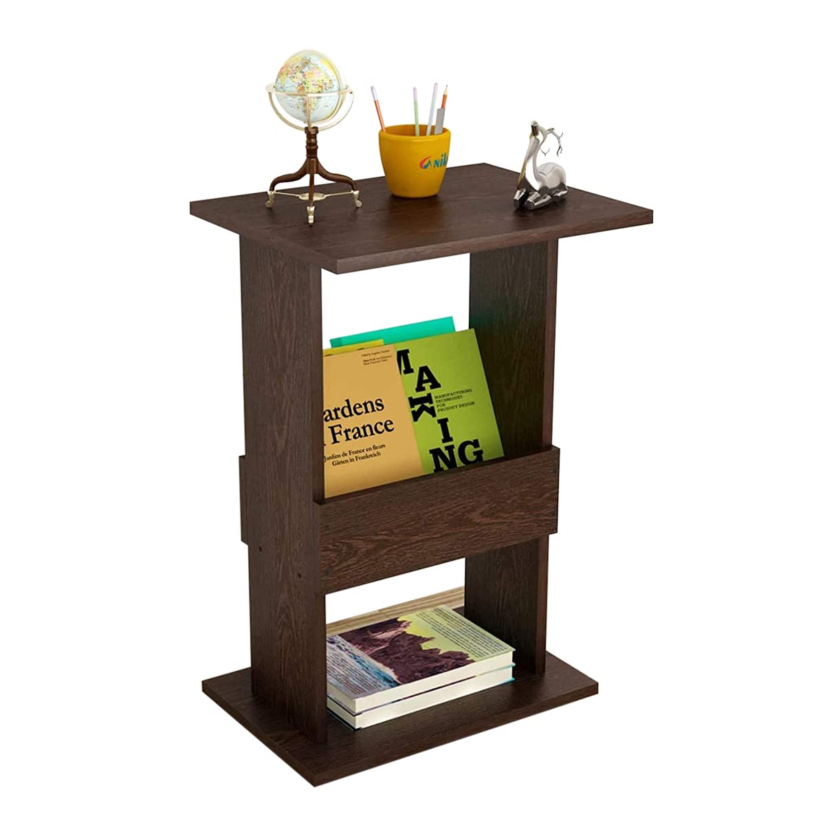 Wooden Bedside Sofa Side end Table with Bookshelf Magazine Rack (Brown)