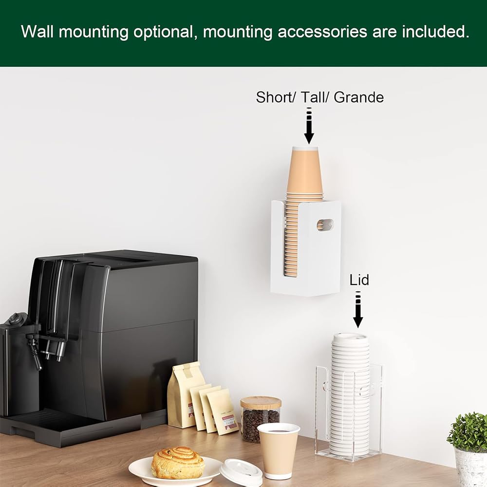 Clear Acrylic Coffee Cup Dispenser with Handles, Compartment Countertop or Wall Mounted Organizer for Hot and Cold Drink Cups and Lids