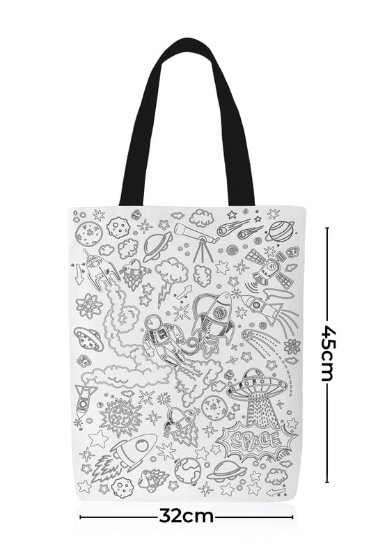 Canvas Space Junior Tote Bag, a DIY Craft Kit for Kids in Black & White, 32x45 cm, includes a Reusable Bag and Coloring Set, a Fun and Creative Activity for Future Astronauts