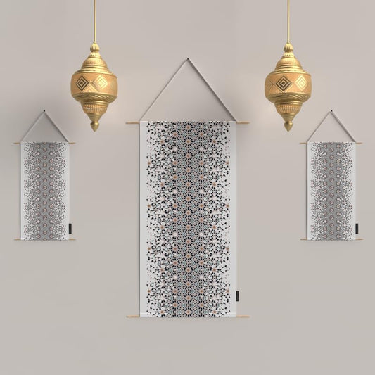 Ramadan's Unique Reya Velvet Fabric Posters Set, a Wall Art Decor Kit for Festive Home Decor, White & Blue, a Serene Islamic Design for Living Room or Bedroom during Ramadan