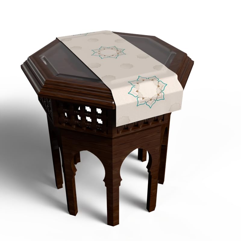 Ramadan's Unique Dorra Velvet Runner in White & Beige, 35x140 cm, a Beautiful Decorative Centerpiece with a Jewel-like Islamic Pattern, perfect for adding Elegance to Ramadan Decor