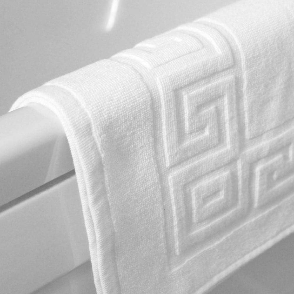 Hotel Cotton Bath Mat, White, Soft and Absorbent 100% Cotton, High GSM Shower Mat with Greek Key Border for Bathroom Floor Comfort, 50x70 cm, 300g