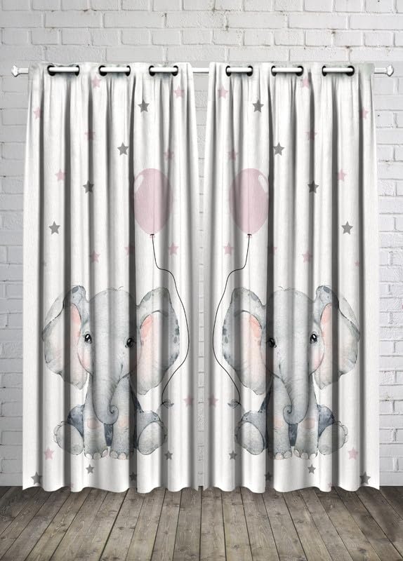 INtex CURTAINS Kids Room Elephant Balloon and Stars Baby Girl Curtain -Linen Velvet Fabric -Privacy - Steel Grommets - 2 Pieces 135W x 240L CM