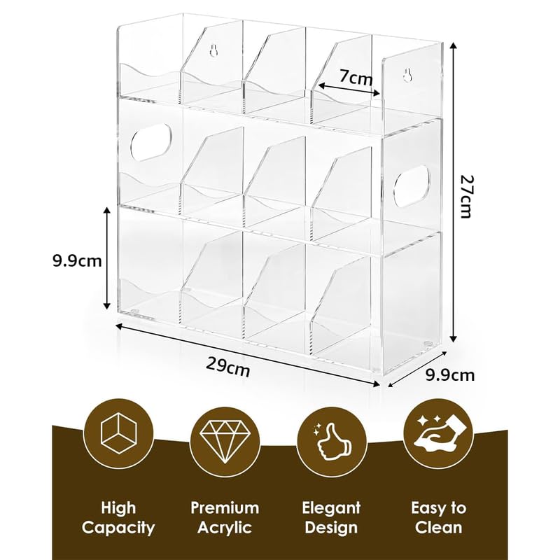Clear Acrylic Tea Bag Organizer for Counter, Wall Mountable Tea Storage Box Holds 216+ Tea Bags, 9-Compartment Holder with Elegant Edge Design for Kitchen Cabinet and Pantry.